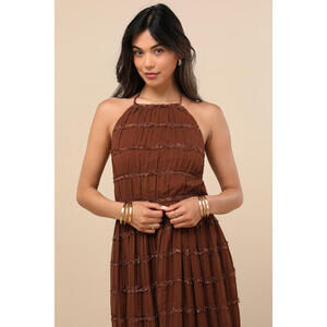 Lulus Madriana Brown Halter Neck Ruffed Midi Dress - Size XL